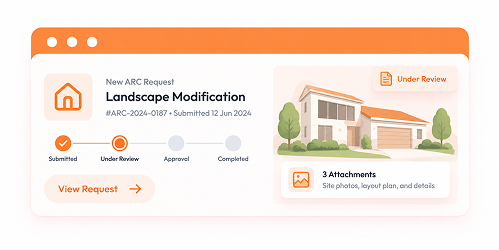 propVIVO ARC request panel showing a landscape modification request moving through submitted, under review and approval stages