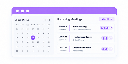 propVIVO meeting management panel listing upcoming HOA board meetings with time, attendees and location
