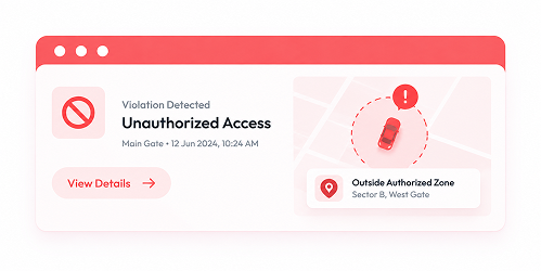 propVIVO violation tracking panel flagging an unauthorized access incident with its location and timestamp