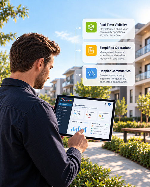 Board member checking real-time community activity, resident counts and open requests on a tablet from outside a managed community