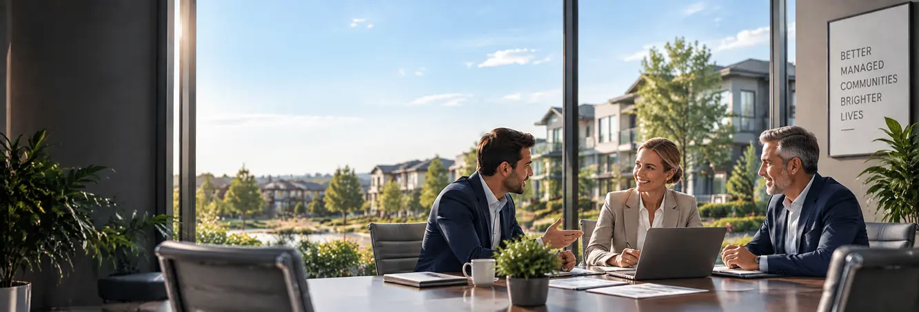 propVIVO team members reviewing HOA management plans together in a meeting room overlooking a managed residential community
