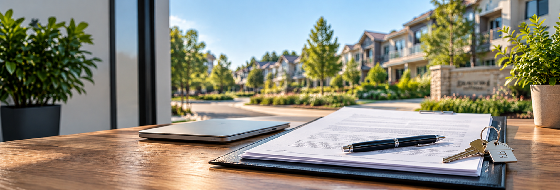 Signed HOA document paperwork and house keys on a desk overlooking a managed residential community