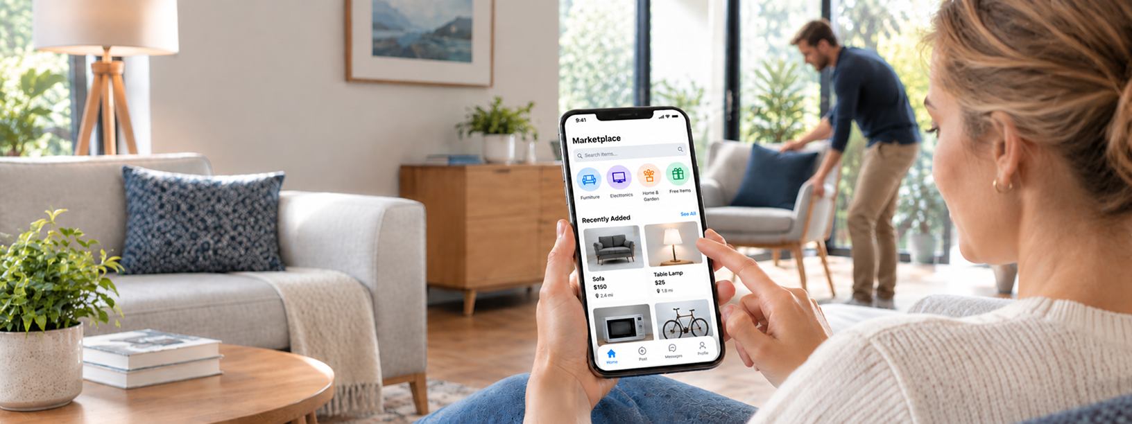 Resident browsing furniture and household items for sale on the propVIVO Marketplace app from their living room