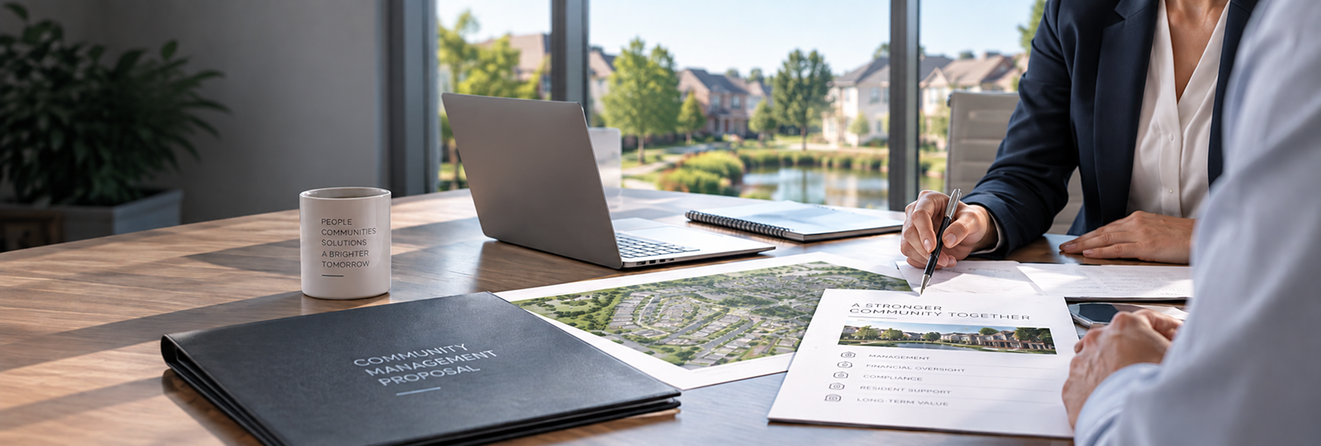 Community management proposal folder and site plan laid out on a table overlooking a managed community