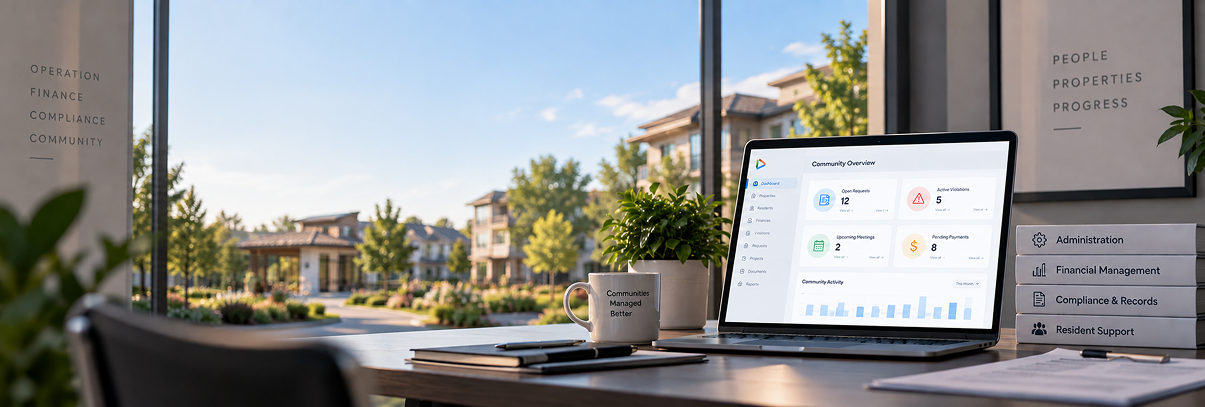 propVIVO community overview dashboard on a laptop showing open requests, active violations, upcoming meetings and pending payments